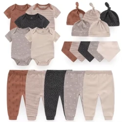 Unisex Cotton New Born Baby Girl Clothes Sets Bodysuits+Pants+Hats+Gloves/Bibs Baby Boy Clothes Solid Color Cartoon Bebes