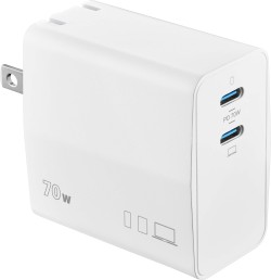 Insigniaô - 70W Dual Port USB-C Fast Wall Charger with GaN for MacBook, iPad, iPhone, Laptops, Tablets and More - White